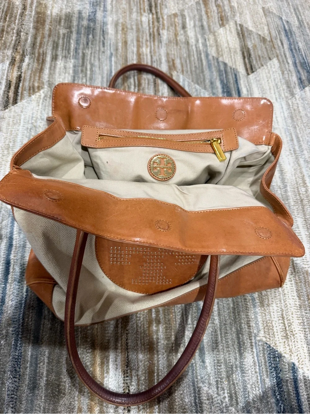 Tory Burch Cream Canvas and Tan Leather Tote